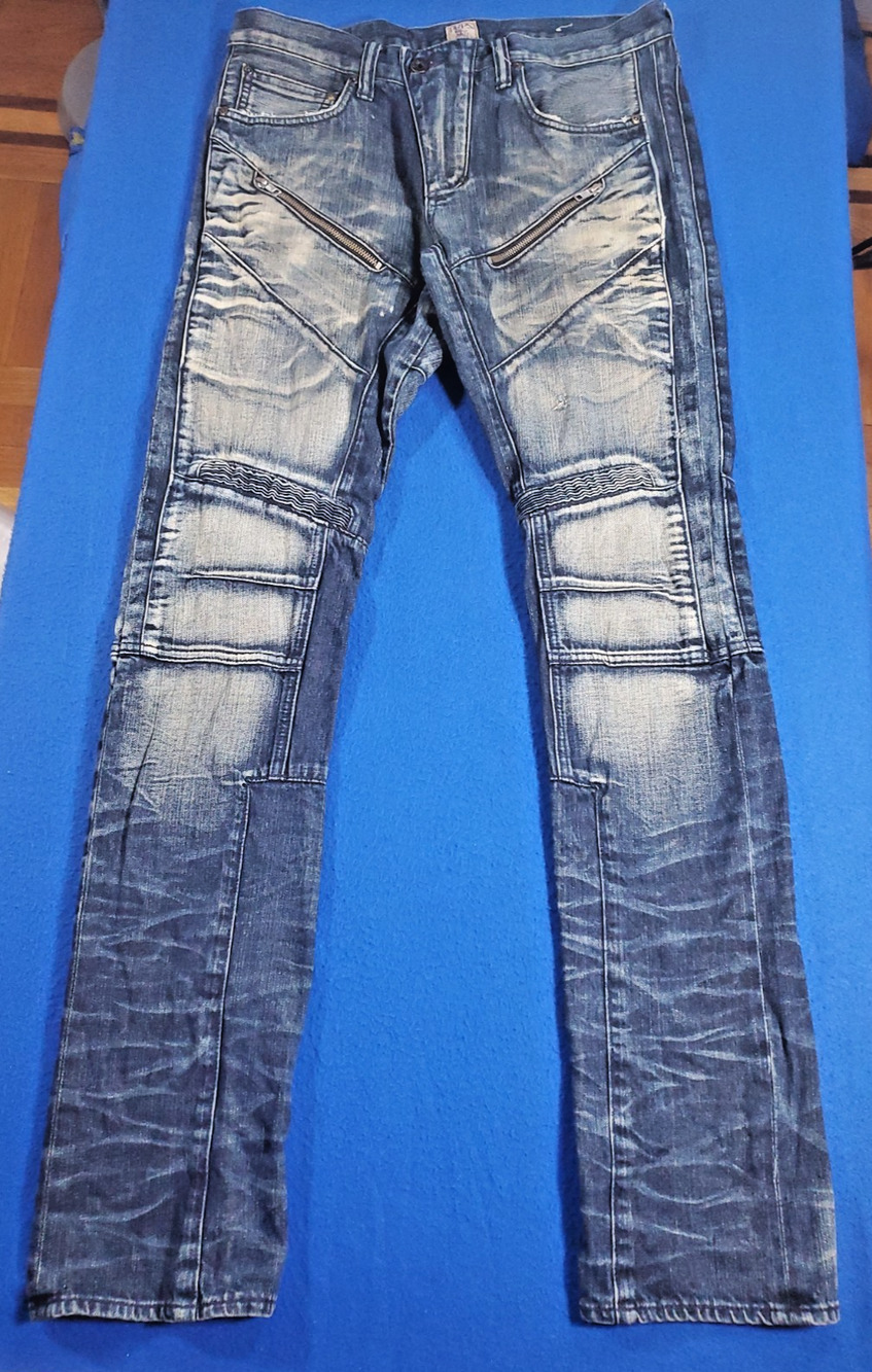 PRPS Men Distressed Biker Moto Jeans 33 Straight Blue Acid Wash Zipper Pleated